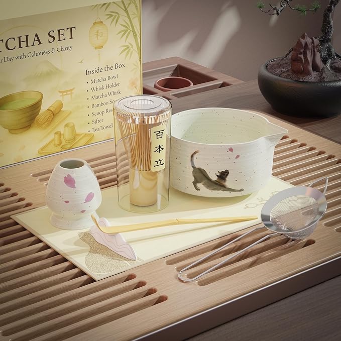Complete 8-Piece Matcha Set – Japanese Matcha Tea Ceremony Kit with Cat Print Bowl, Bamboo Accessories & Premium matcha tools for Home Tea Rituals, Mindful Gift for Matcha Lovers