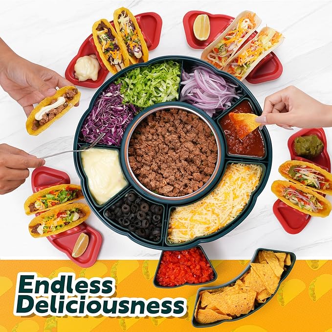 Taco Tuesday Kit, Taco Bar Serving Set for a Party with 3-Temp Control, 33oz Heated Pot, 6 Removable Trays & 4 Taco Holders, Lazy Susan Taco Bar for Burritos, Nachos, and Fajitas, Christmas Gift