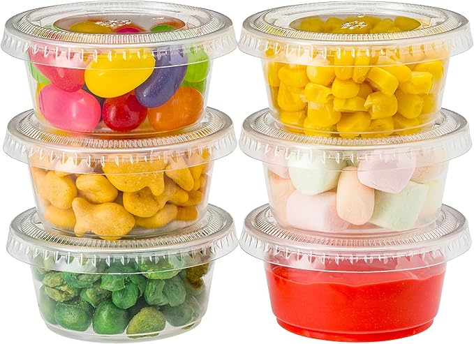 DuraHome Plastic Portion Cups with Lids 2 oz. Pack of 150 Leakproof Jello Shot Cup Mini Containers for Salad Dressing Sauce Condiment Snack Souffle and Salsa, Disposable