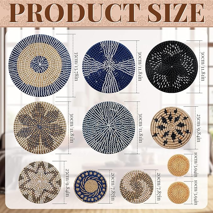 Tatuo 11 Pcs Boho Wall Basket Decor Bulrush Woven Wall Hanging Art Round Farmhouse Rustic Handmade Wicker for Summer Home, Bedroom, Living Room, Kitchen Decorations, Multi Sizes(Blue)