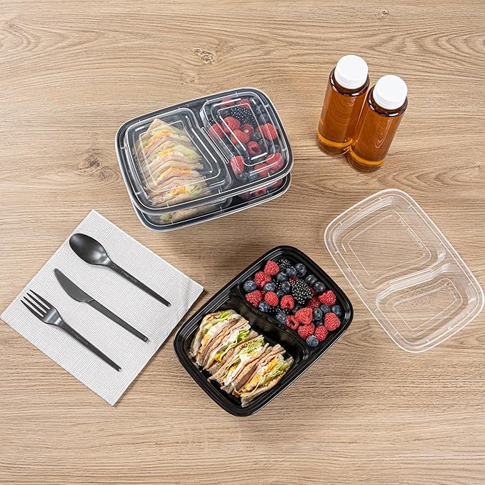 Restaurantware Asporto 32 Ounce Compartment Take Out Boxes 100 Microwavable Meal Prep Containers - 2 Compartments With Clear Plastic Lids Black Plastic Food Containers Do Not Contain BPA