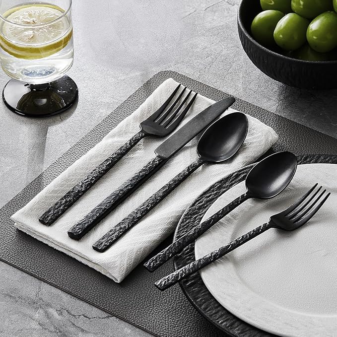 KINGSTONE 60 Pcs Black Hammered Silverware Set for 12, 18/10 Stainless Steel Heavy Duty Flatware Set, Tableware Cutlery Utensil Sets for Home Restaurant Dishwasher Safe