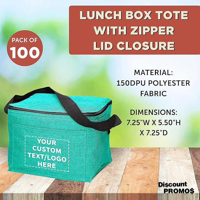 DISCOUNT PROMOS Custom Insulated Cooler Lunch Bag Set of 100, Personalized Bulk Pack - Perfect for Work, Travel, Outdoor Events - Mint
