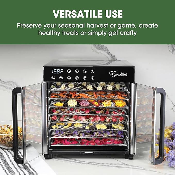 Excalibur Food Dehydrator 8-Tray for Jerky, Fruit, Vegetables, Herbs, Pet Treats, 7.2 Cu Ft Drying Space with Adjustable Temperature Control and 80 hour digital timer, 8-Tray, Stainless Steel