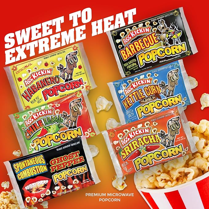 ASS KICKIN' Premium Microwave Popcorn – Variety Gift Pack (6) - Ultimate Spicy and Sweat Gourmet Gift - Try if you dare!
