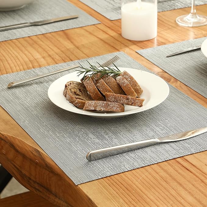 Leetaltree Grey Placemats, Heat Resistant Non-Slip Place mats for Dining Table, Washable Durable PVC Vinyl Woven Table Mats (Set of 8)