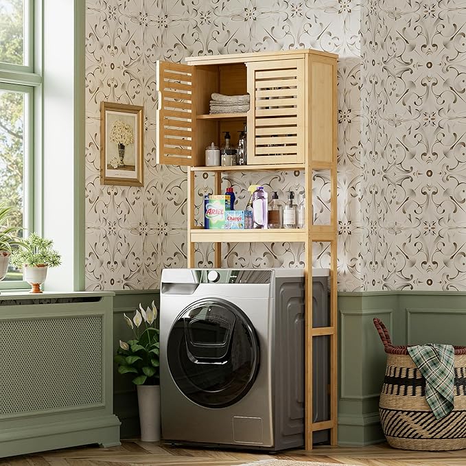 SMIBUY Bathroom Over The Toilet Storage Cabinet, 2 Door Bamboo Cabinet Organizer, Freestanding Space Saver Toilet Rack with Adjustable Inside Shelf and Open Shelf (Natural)