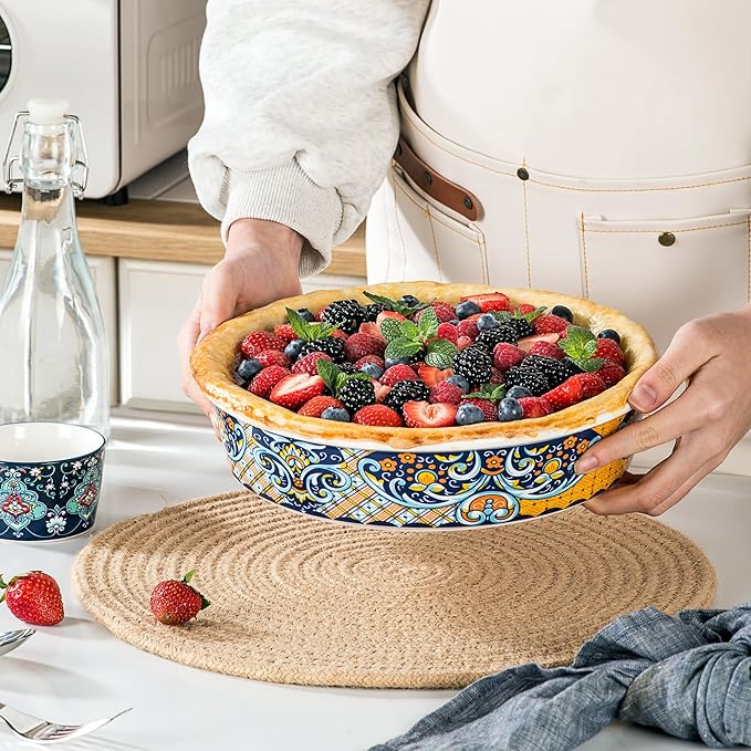 HENXFEN LEAD Ceramic Pie Dish, 10 Inch Round Pie Pan, Oven Safe Pie Plate for Apple Pie, Quiche & Tart, Boho Style Baking Dish