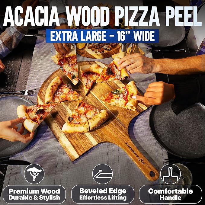 KitchenStar 16-inch Pizza Making Set, 6 PCS - Pizza Stone + Stainless Steel Rack, Acacia Wood Pizza Peel, Pizza Cutter Rocker + Protective Cover, Metal Brush - Oven & Grill Accessories Kit