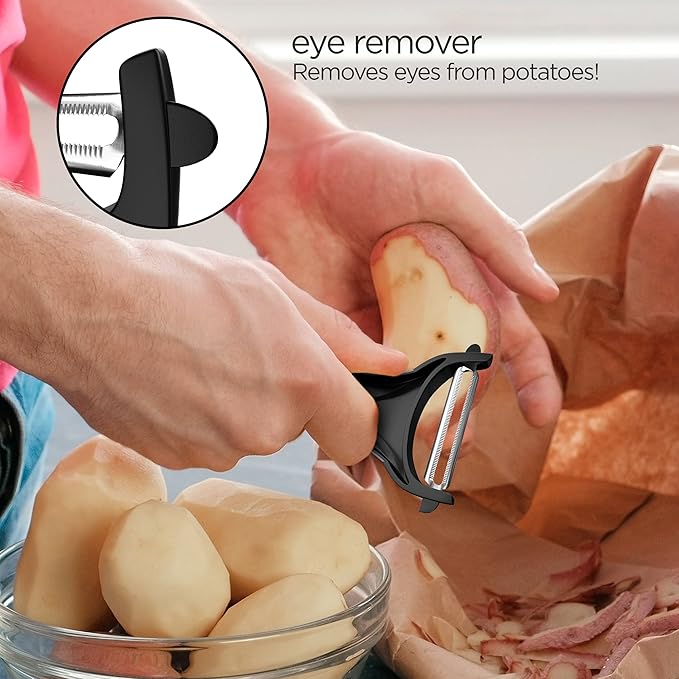 Peeler for Potato Vegetable Orange - Heavy Duty Double Sided Dual Purpose Non Slip Grip Apple Fruit Y Shaped with Ultra Sharp Stainless Steel Straight and Serrated Blades, Dishwasher Safe