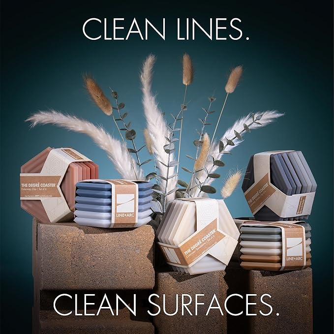 LINE+ARC Extra Thick Silicone Coasters (As Seen in NYTimes WireCutter) Waterproof Anti-Stain Heat-Safe Dishwasher-Safe Degrē Coasters (Set of 6, Sandstone) Outdoor Rubber Mid-Century Modern