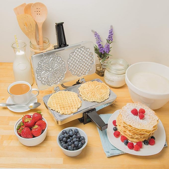 Pizzelle Maker- Polished Electric Baker Press Makes Two 5-Inch Cookies at Once, Even Heating Plates- Must Have Party Baking Supplies - Italian Dessert Treat Making w Recipe - Mothers Day Gift for Her