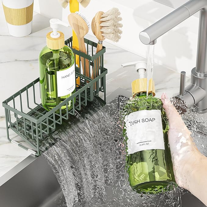 Cisily Sage Green Kitchen Dish Soap Dispenser, 16 fl Oz Dual Kitchen Soap Dispensers with Sponge Holder, Customized Stainless Steel Kitchen Soap Dispenser Set, Modern Hand and Dish Soap Bottle Set