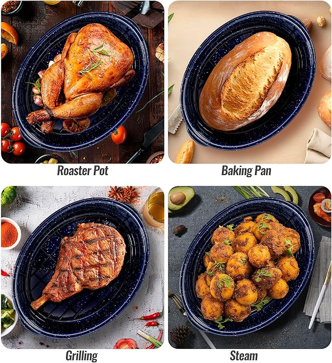 Roasting Pan with Lid and Rack 18" Deep Large Oval Enamel Roaster Pan, Oven Dishwasher Safe Non-Stick Non-Toxic Baking Pan for Chicken Turkey Ham Steak Roasts & Bread Birthday Mothers Day Gift