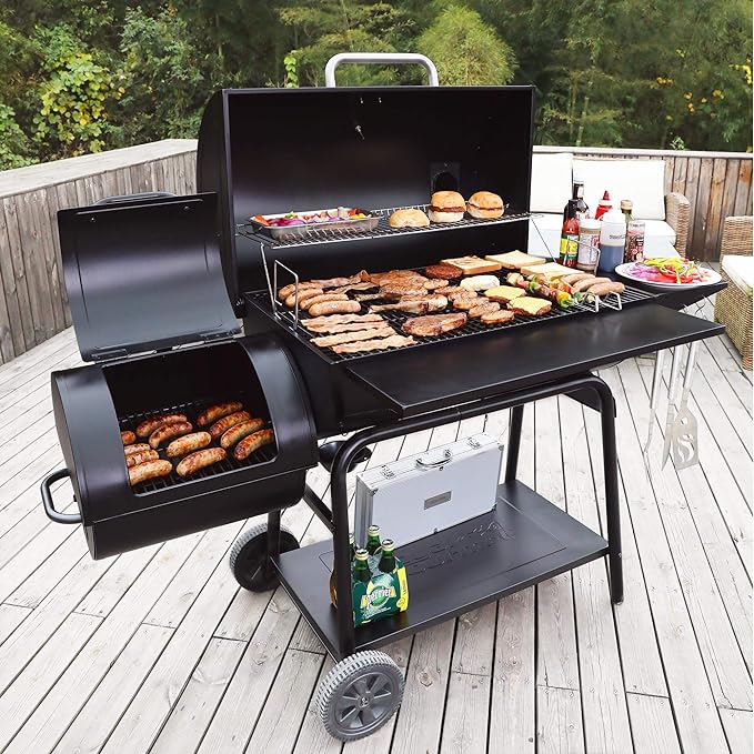 Royal Gourmet CC2036F Barrel Charcoal Grill with Offset Smoker, Outdoor BBQ Grill with 1200 Sq. In. Grilling Area for Large Event Gathering, Black