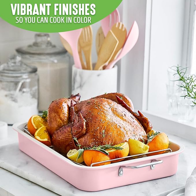 GreenLife 16.5” x 12” Healthy Ceramic Nonstick Roasting Pan with Stainless Steel Roaster Rack, PFAS-Free, PFOA-Free, Dishwasher Safe, Oven Safe, Easy Pouring Rims, Soft Pink