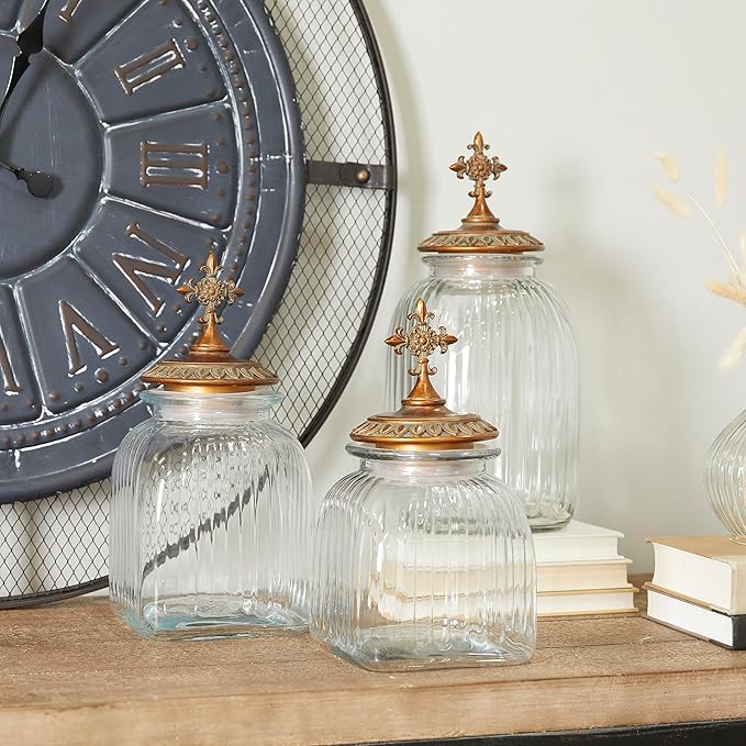 Deco 79 Glass Round Decorative Jars, Set of 3 15", 13", 11" H, Clear