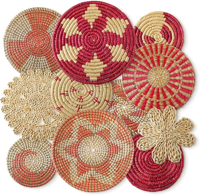 Tatuo 11 Pcs Boho Wall Basket Decor Bulrush Woven Wall Hanging Art Round Farmhouse Rustic Handmade Wicker for Summer Home, Bedroom, Living Room, Kitchen Decorations, Multi Sizes(Pink)