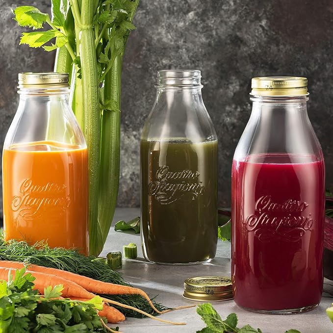 Bormioli Rocco Quattro Stagioni Glass Milk Bottle 33.75 Ounce/1 Liter with Airtight Lid, Great For Kombucha Brewing Bottle, Beer, Homemade Juicing, Smoothies, Beverages, Durable Construction. (4 Pack)