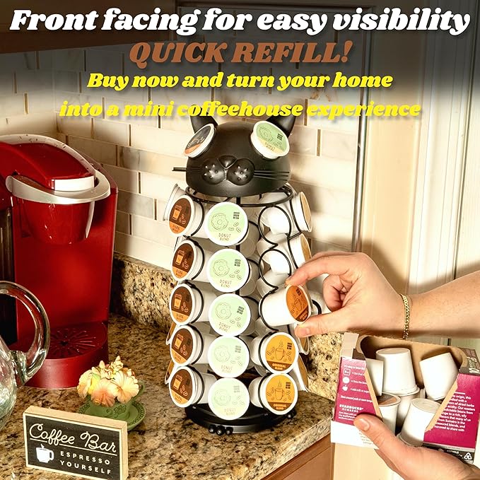 Made Easy Kit Carousel Coffee Pod Holder, Compatible with Keurig K-Pods K-Cups, Countertop Rack Storage Organizer, Metal Home and Kitchen Decor, Capsule Café Station Bar (Large, Black Cat)