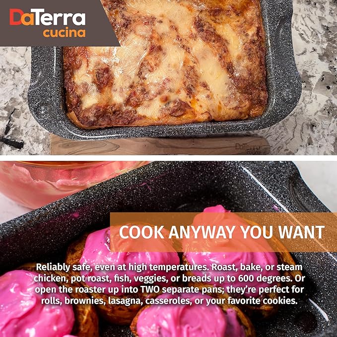 DaTerra Cucina - Nonstick Ceramic Coated Dual Roasting Pan Set – 2 Identical Pans, Oven Safe, Ideal for Roasting, Baking, Searing, Braising, Casseroles, Fits Most Toaster Ovens - 13 x 8 x 4.25