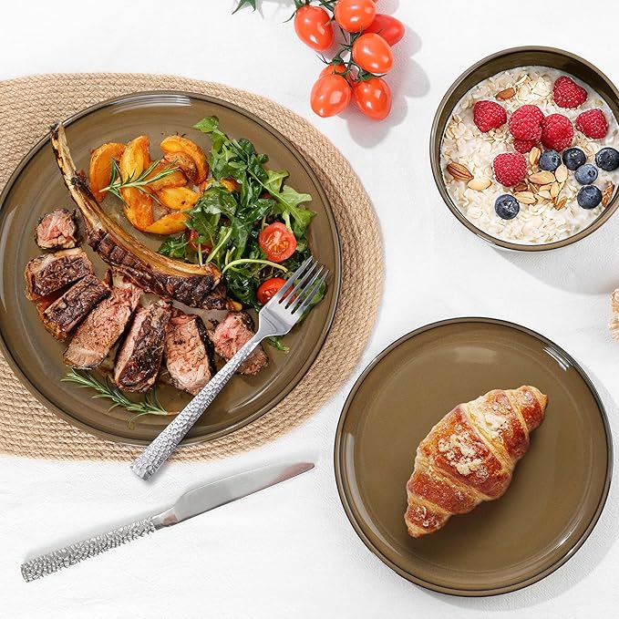 E-far Stoneware Dinnerware Sets for 8, 24 Pieces Reactive Glaze Plates and Bowls Sets, Elegant Dishes with Rustic Terracotta Clay Base, Dishwasher & Microwave Safe, Scratch Resistant, Desert Camel