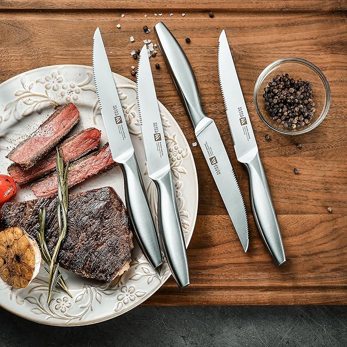 Klaus Meyer 13-Piece Kitchen Knife Set With Block, High Carbon Stainless Steel and Non-Slip Handles. Rust Proof And Dishwasher Safe Cutlery