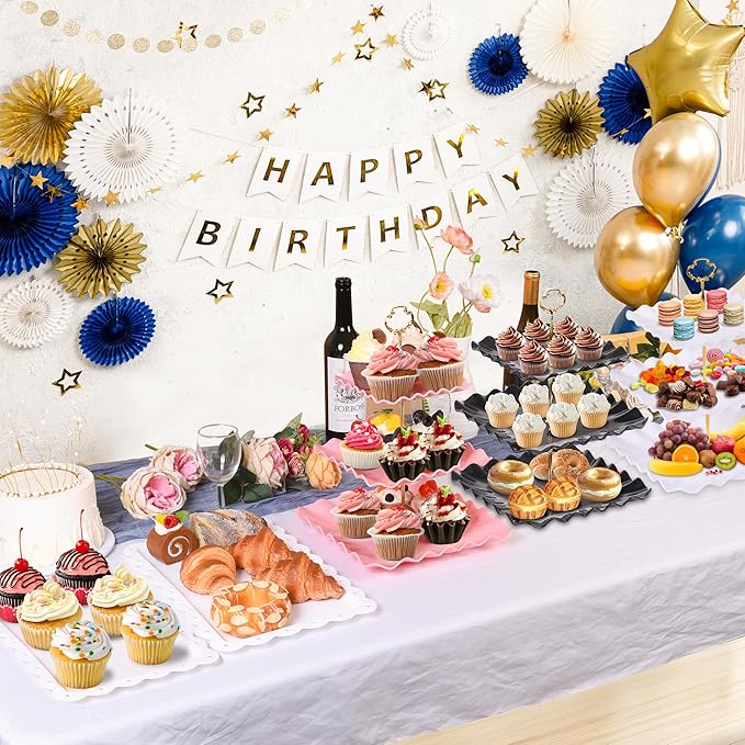 10 Pack Dessert Table Display Set - 4 x Three-Tier Square Cupcake Stands and 6 x Serving Trays, Elegant Tableware for Cakes, Cupcakes, Pastries, and Snacks, Perfect for Parties (Pink)