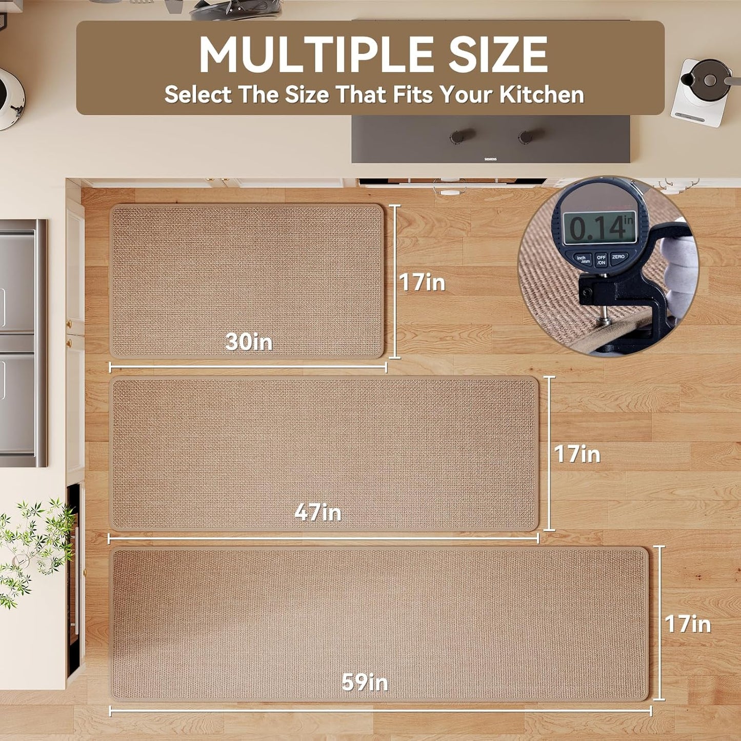 Kitchen Mats for Floor, Super Absorbent Kitchen Rugs Non Slip Washable, Soft Imitation Linen Braided Kitchen Runner Rug, Standing Mat Kitchens Sink Mat, Easy to Clean, Brown 17x95