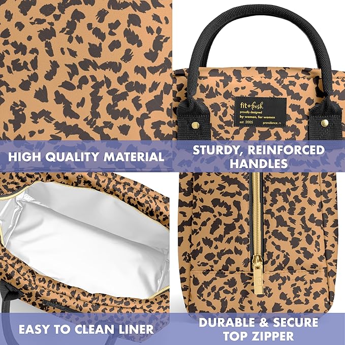 Fit & Fresh Bloomington Lunch Bag for Women - Insulated Large Lunch Box for Work with Containers, Leak-Resistant, Stain-Resistant, Zipper Closure, Cheetah