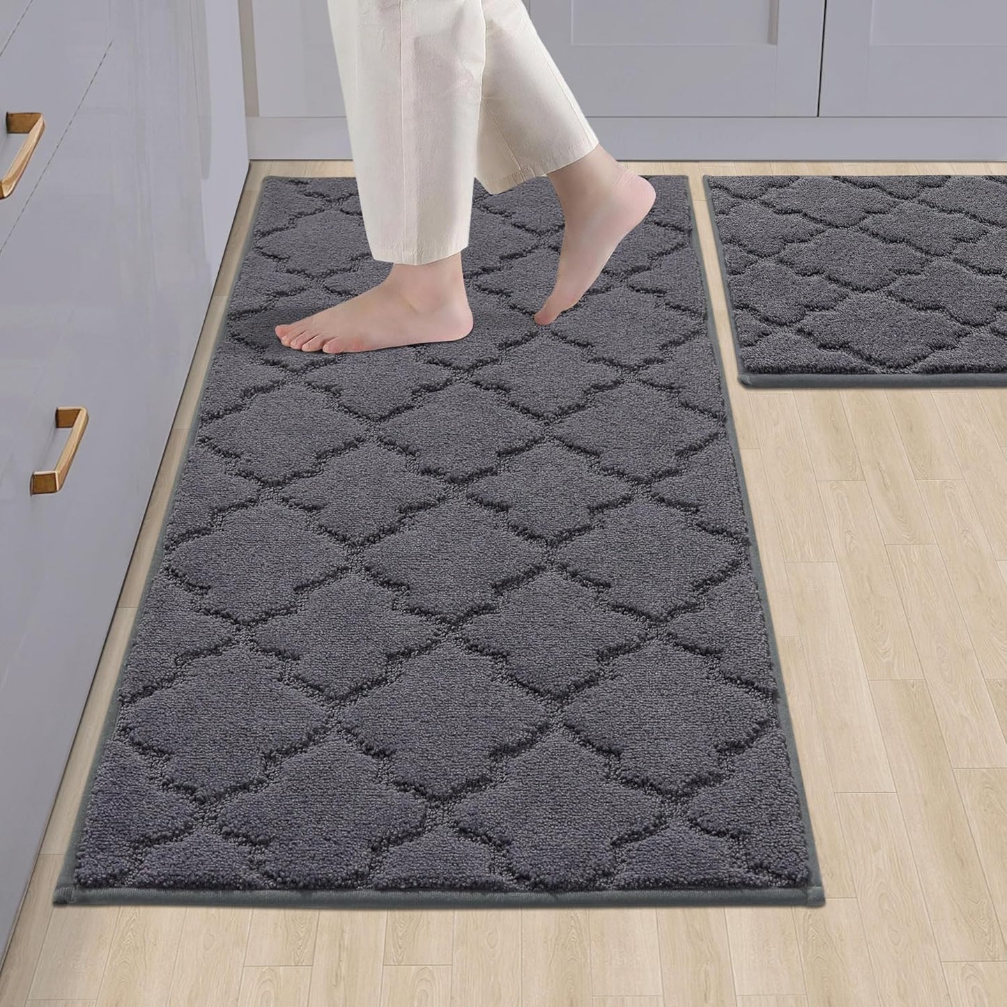 COSY HOMEER Soft Kitchen Rugs [2 PCS] for in Front of Sink Super Absorbent Kitchen Floor Mats and Mats 20x30 Inch/20X48 Non-Skid Kitchen Mat Standing Mat Washable,Polyester,Dark Grey