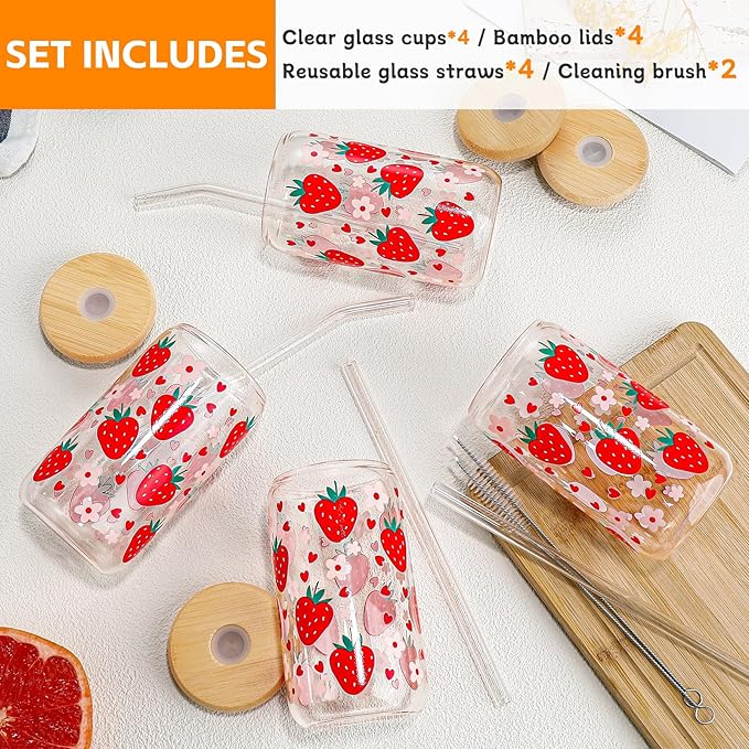 Glass Cups with Lids and Straws with Design Strawberry 4 pcs,Clear Glass Cups 16 oz-DWTS Drinking Glasses Set,Glass Tumbler,Cute Design Glass Iced Coffee Cups with Lids and Straws