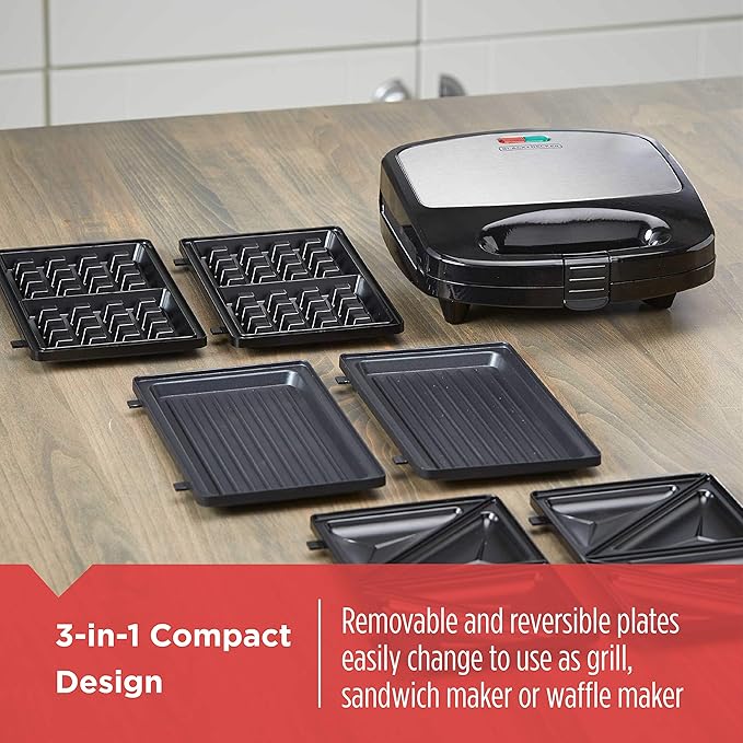 BLACK+DECKER 3-in-1 Waffle Iron WM2000SD, Grill & Sandwich Press Bundle with 6-Cup Rice Cooker