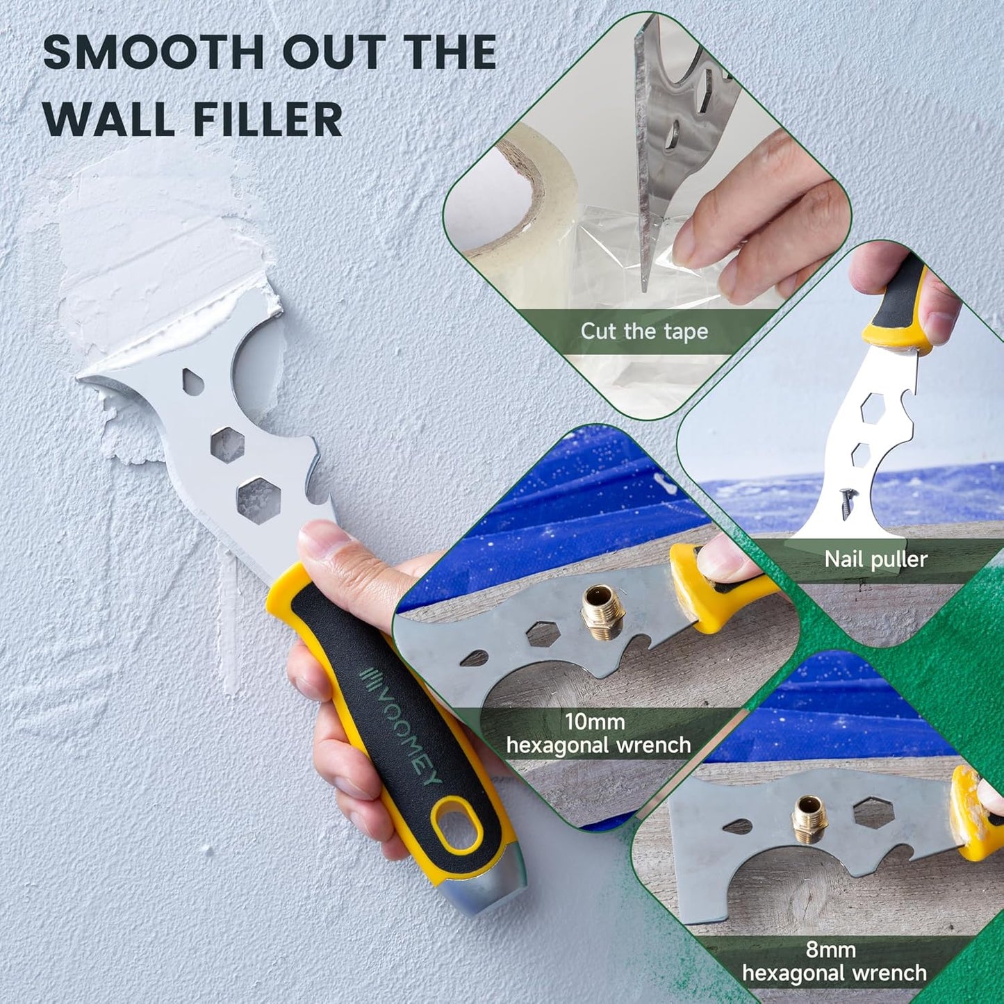 VOOMEY 12-in-1 putty knife, paint scraper tool, stainless steel paint scraper,3 Pack, three color rubber covered handle,metal scraper used for cleaning paint rollers, removing wall cracks,etc