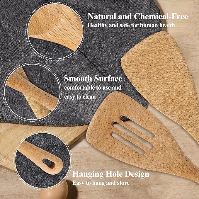 Wooden Spatula Set, 6 Pack Kitchen Wood Slotted Spoon Spatulas Turner Utensils for Cooking, Non Toxic Solid Wooden Spatulas Natural Wood Serving Spoons Spaghetti Utensil Set for Nonstick Cookware