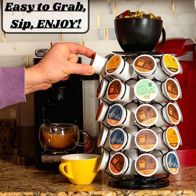 Made Easy Kit Carousel Coffee Pod Holder - Compatible with Keurig K-Pods K-Cups - Countertop 360 Spin Rack Storage Organizer - Revolving Base - Capsule Café Station Bar (Mug Black, Small)