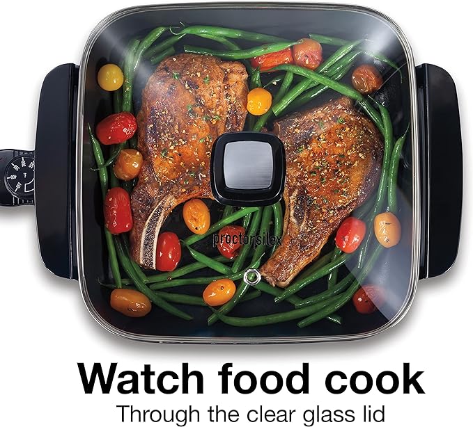Proctor Silex Electric Skillet with Lid, 116 sq. in. Nonstick Cooking Surface for Frying, Sauteing, Simmering and Braising, Adjustable Temp 200° to 400° F, Black (38526PS)
