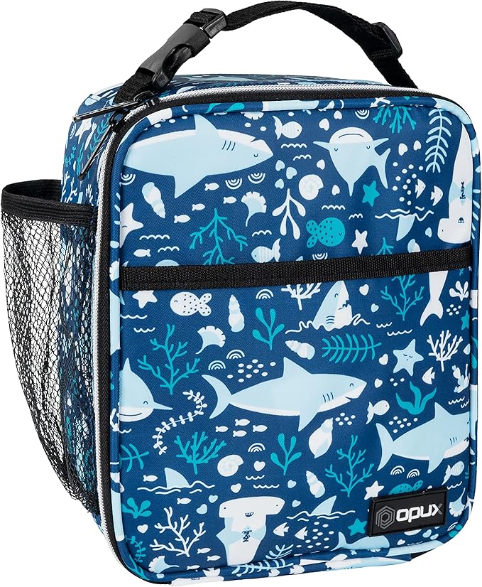opux Premium Insulated Lunch Box, Soft School Lunch Bag for Kids Boys Girls, Leakproof Small Lunch Pail Men Women Work, Reusable Compact Cooler Tote Lunchbox for Office, Blue Shark