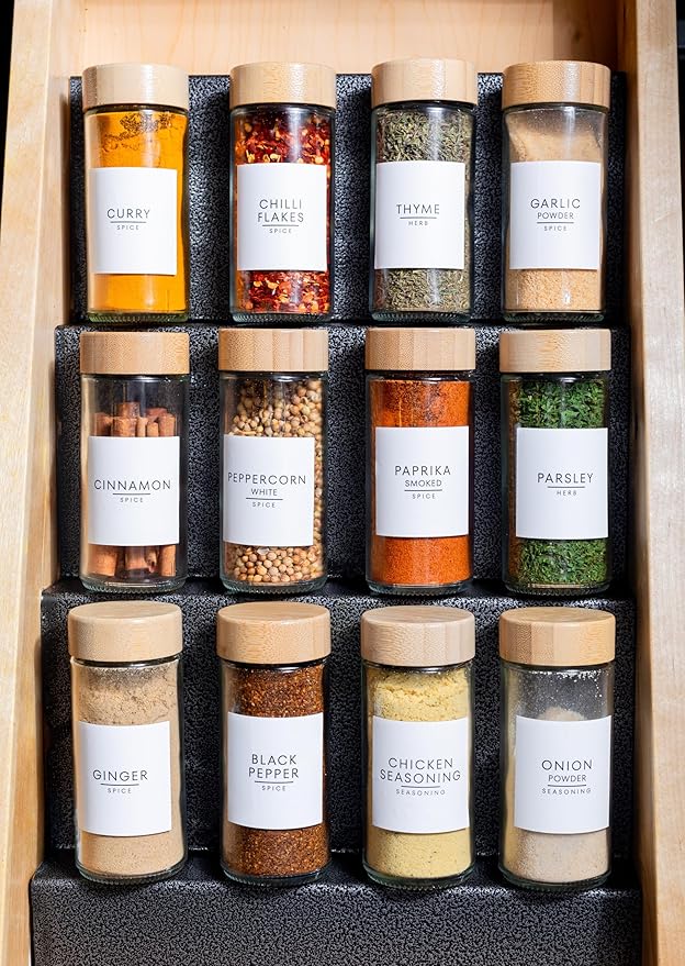24 pcs Modern Round Glass Spice Jars 120ml with Bamboo Lids and 360 labels- Empty Spice Containers with Shaker Lids and Funnel, Airtight Storage Jars for Spices, Herbs, Seasonings