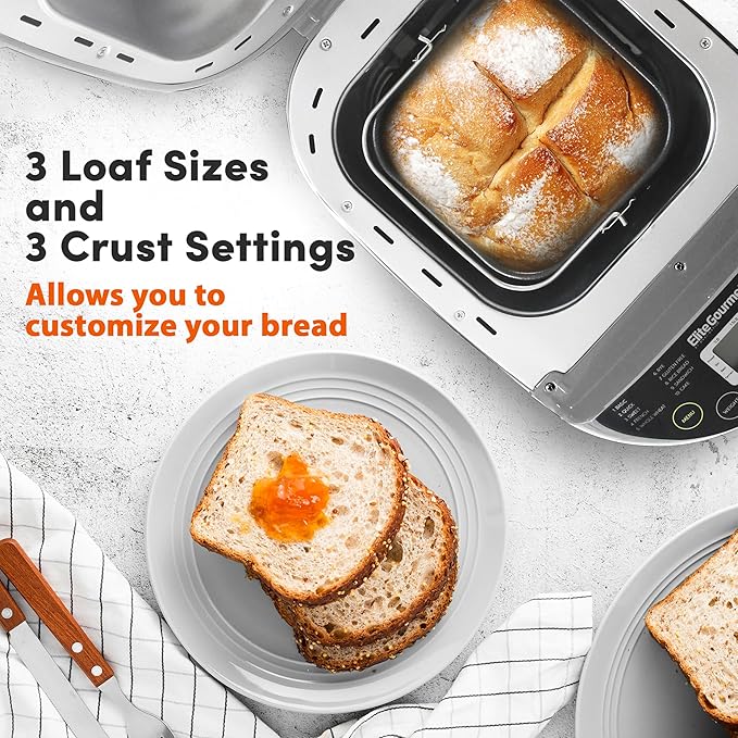 Elite Gourmet Programmable Bread Maker with PFAS-Free CERALAST™ Ceramic Pan, 2 lb Loaf, 19 Presets incl. Gluten-Free, 3 Sizes, Delay Timer, Gray