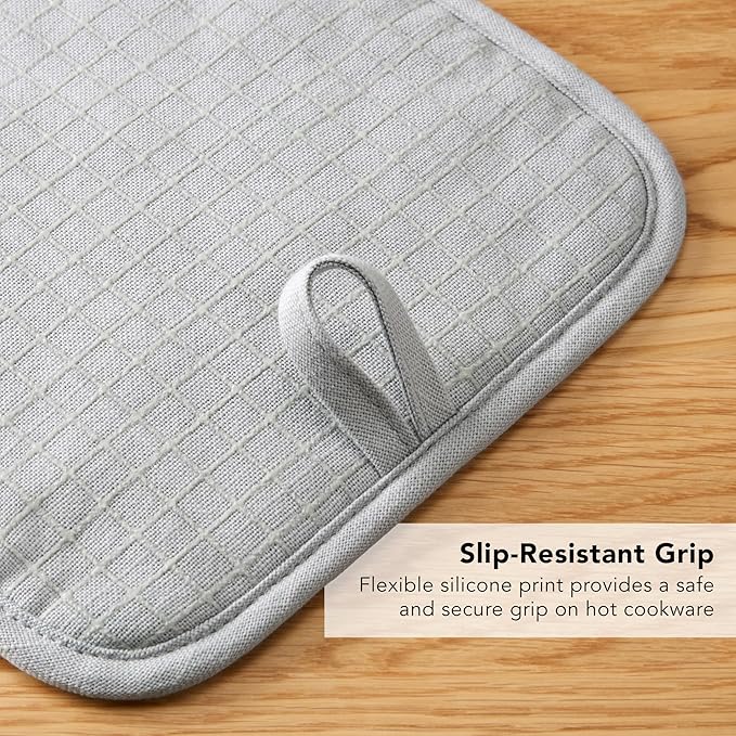 KITCHENAID Gourmet Series Gridlines Pot Holders 2-Pack Set, Heat Resistant up to 600°F, Soft Silicone Grip, Magnetic Cuff, Matte Grey, 8"x8"