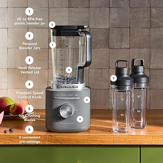 KitchenAid Pure Power Blender with 2 Personal Blending Jars, 1700 Watt Peak Power*, KSB2078, Matte Charcoal Grey