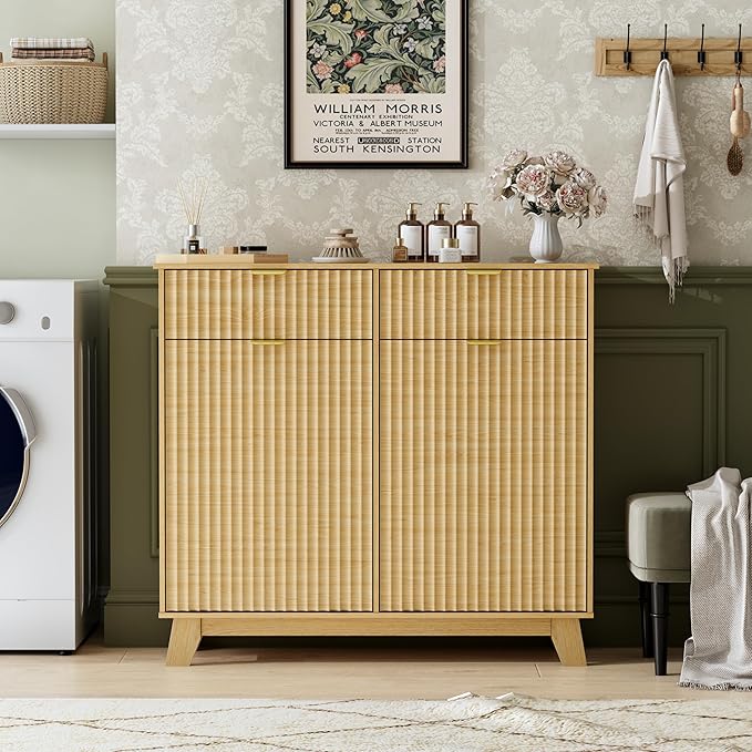 Double Tilt Out Laundry Hamper Cabinet, 20 Gallon Wooden Trash Can Cabinet with Drawers, Hidden Fluted Bathroom Storage Cabinet for Kitchen, Living Room (Natural Wood, 39.34"W x 35.83"H x 13"D)