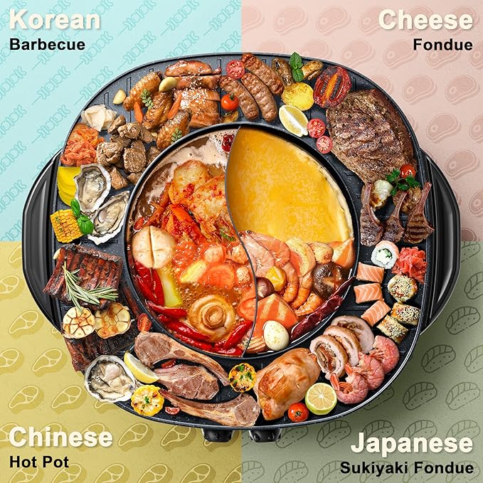 Stariver Hot Pot Electric with Grill 2 in 1, Indoor Korean BBQ & Shabu Shabu, Features Easy-clean Non-stick Coating, Dual Controls, 1800W Fast Heating, Perfect for Family Gatherings or Friends Parties