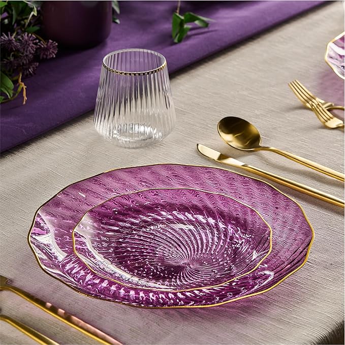 PLASTICPRO 30 Pack Plastic Set of 15-10 inch Plates and 15-7 inch Dishes Elegant Clear Purple Spiral and Gold Rim Disposable Fancy Plates Premium Heavyweight