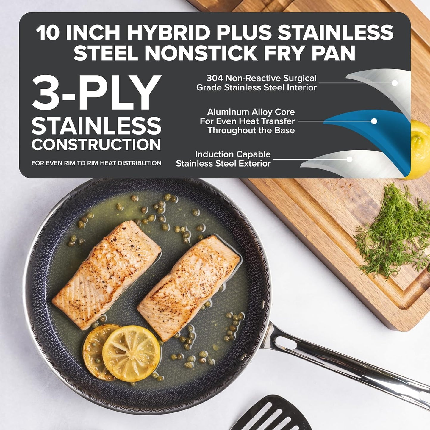Viking 3-Ply Non Stick Frying Pan, 10 Inch Hybrid Plus Stainless Steel Kitchen Cookware, Silver