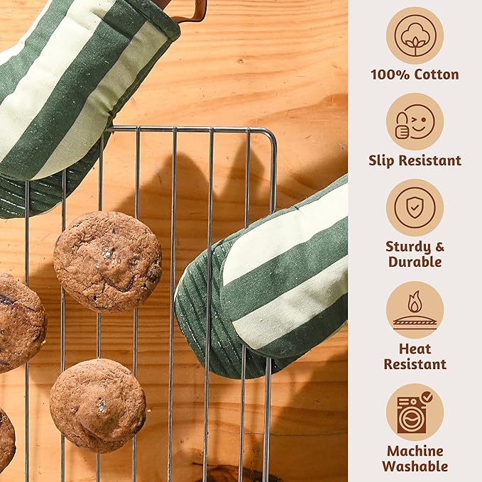 Folkulture Oven Mitts - Set of 2 (5.75"x9") | Oven Mitts with Hanging Loop for Cooking Gifts for Women, Kitchen Decor| 100% Cotton, Silicone Heat Resistant Mini Mitts (Matcha)