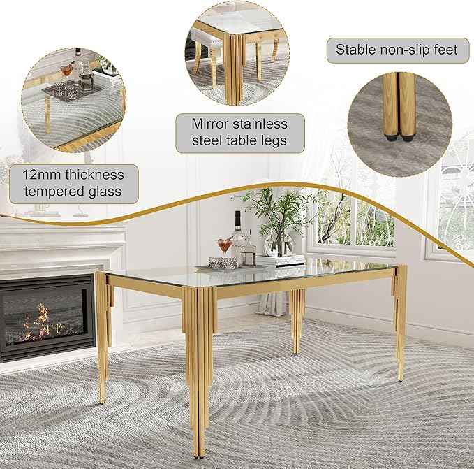 AF ARTISAN FURNITURE 53'' Glass Dining Table Set for 4, Kitchen Table Chairs Set of 4, Clear Gold Glass Dining Tables with Stainless Steel Legs, 4 Grey PU Dining Chairs, Living Room, Kitchen