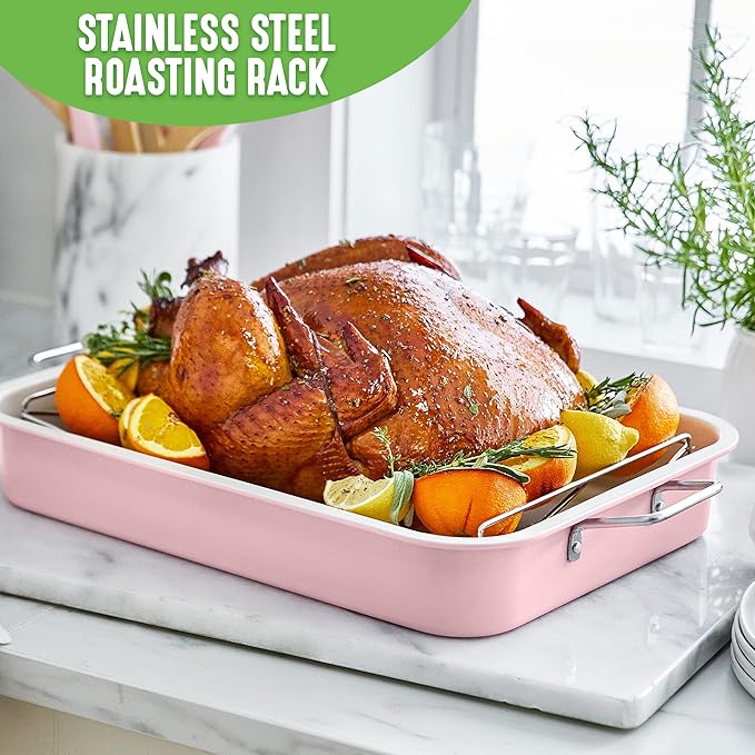 GreenLife 16.5” x 12” Healthy Ceramic Nonstick Roasting Pan with Stainless Steel Roaster Rack, PFAS-Free, PFOA-Free, Dishwasher Safe, Oven Safe, Easy Pouring Rims, Soft Pink