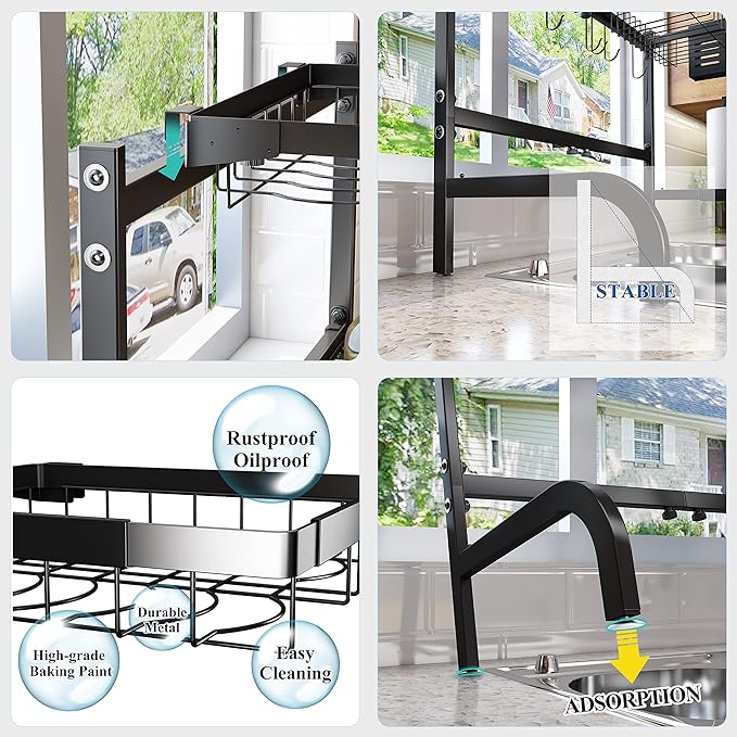 SAYZH Over The Sink Dish Drying Rack, Adjustable (25.5 to 33.5 inch) 2 Tier Metal Steel Dish Drying Racks for Kitchen Counter with Hooks Paper Towel Utensil Cup Holder Sink Caddy (Black)